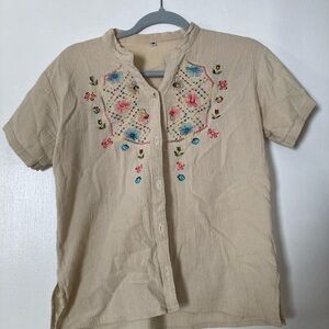 Embroidered Floral Button-Up Short Sleeve Top